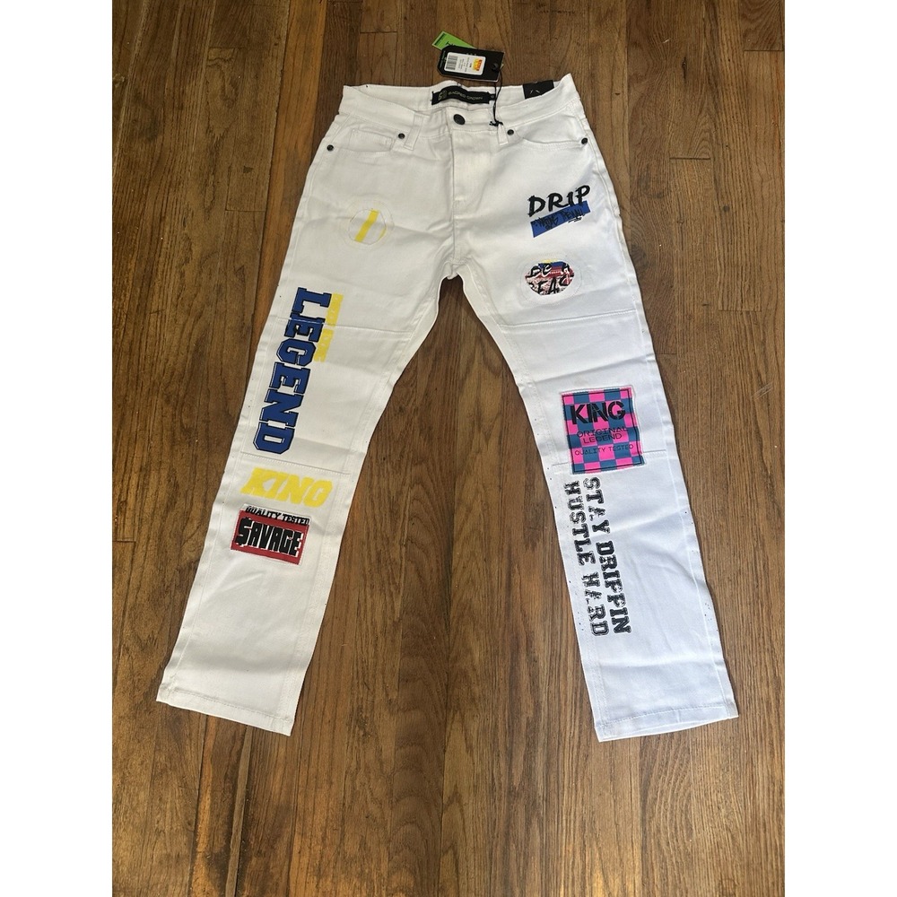 Sacred Crown Boys White Graphic Jeans Size 10 Paint Splatter Stretch NWT